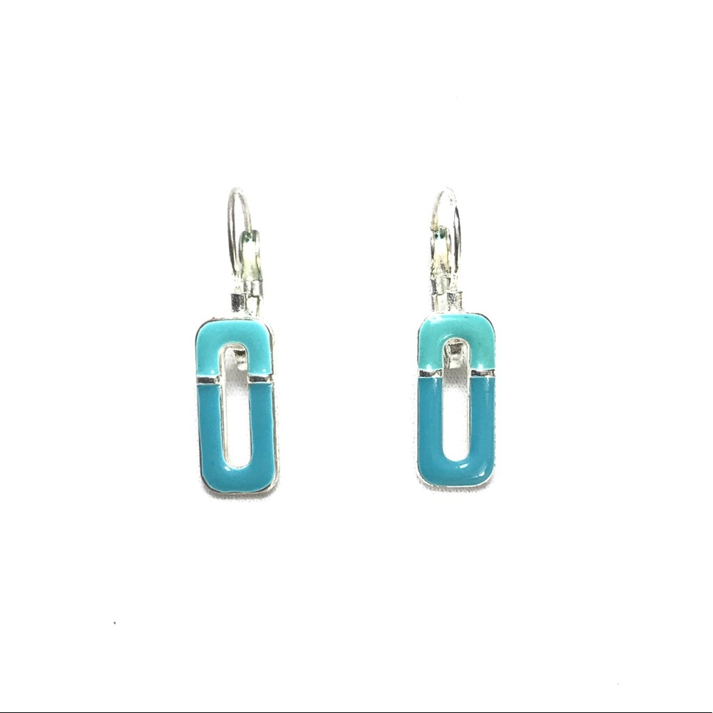 Teal and silver rectangular shaped metal earrings